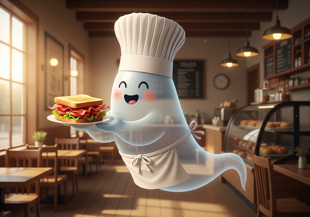サンドイッチを運ぶお化けシェフ