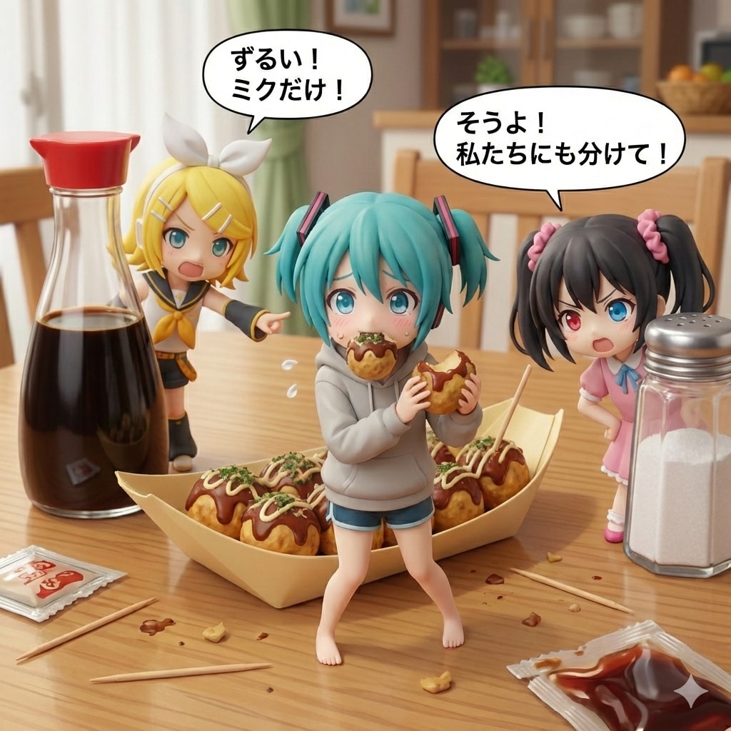 ちびミクちゃん達の特大ディナー（たこ焼き）