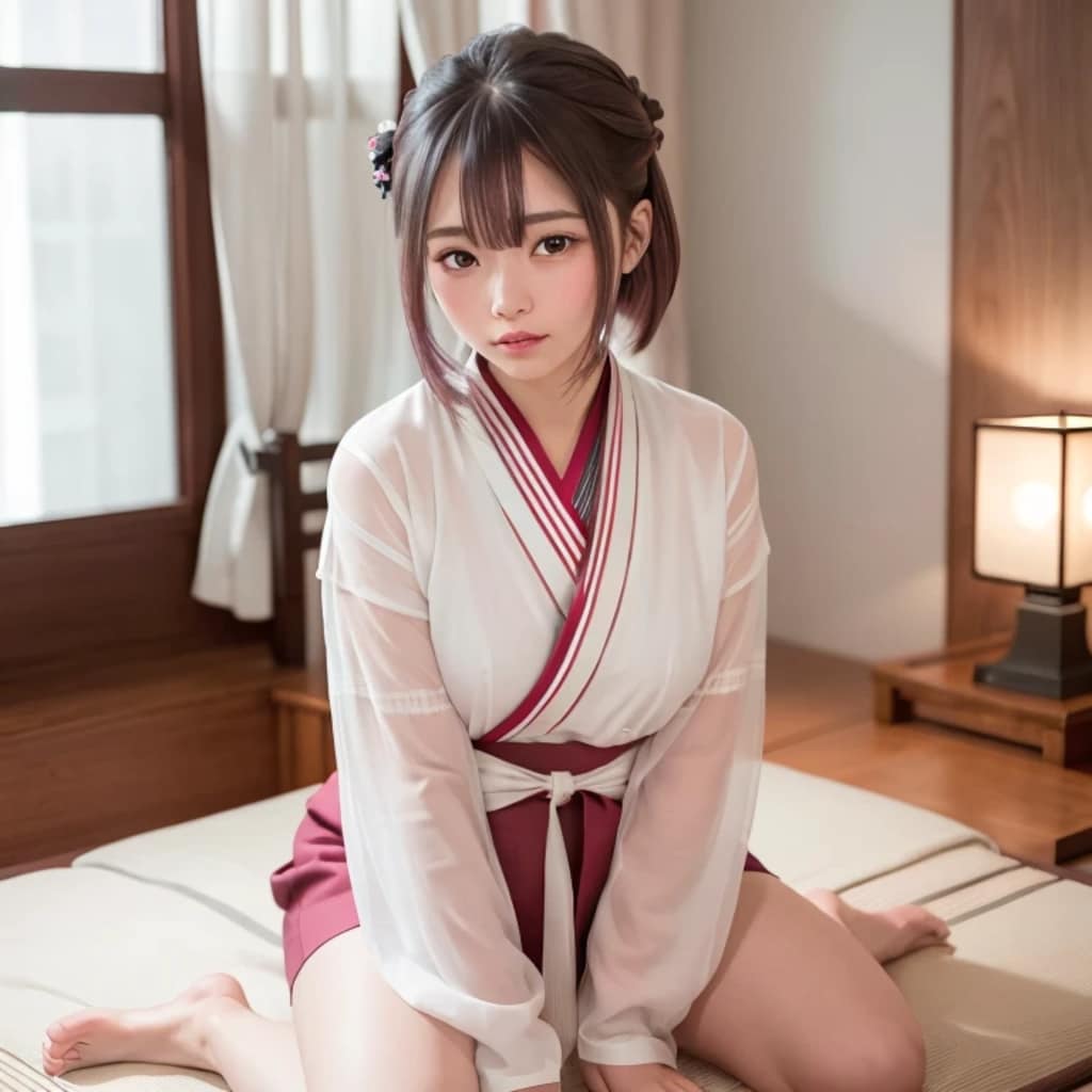 黒髪ロングで巫女服の美女５８