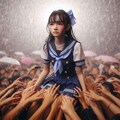 ウクライナ人の美人の女子小中学生のアイドルがファンの手の上を泳ぐ（台風の中））（下を向く）（全身撮影）（雨を食べる）（苦悶表情） 6枚目