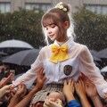 ウクライナ人の美人の女子小中学生のアイドルがファンの手の上を泳ぐ（台風の中））（下を向く）（全身撮影）（雨を食べる）（苦悶表情） 5枚目
