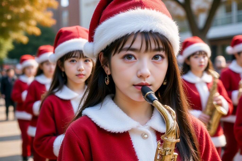 サンタが沢山街にやって来る～女子高マーチング部パレード