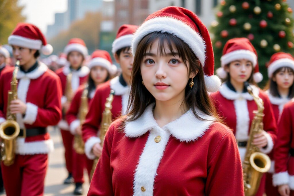 サンタが沢山街にやって来る～女子高マーチング部パレード