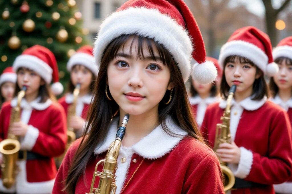 サンタが沢山街にやって来る～女子高マーチング部パレード