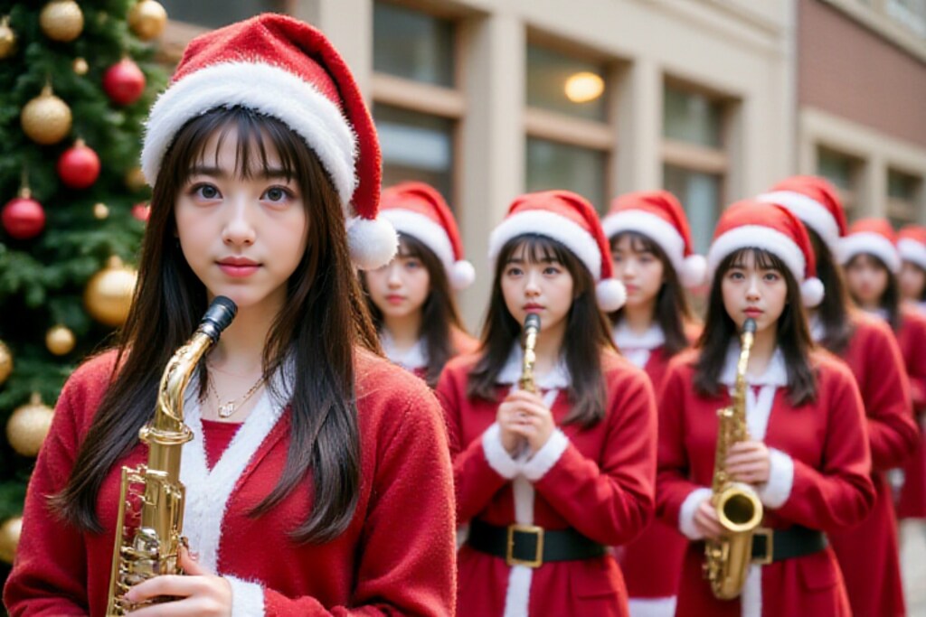 サンタが沢山街にやって来る～女子高マーチング部パレード