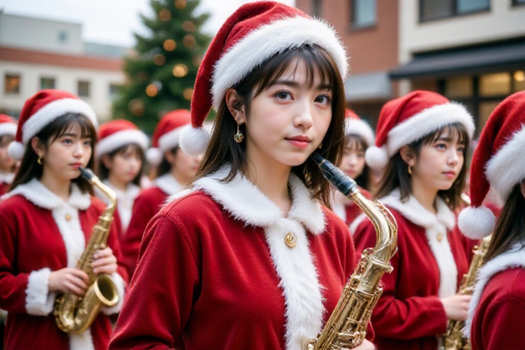サンタが沢山街にやって来る～女子高マーチング部パレード