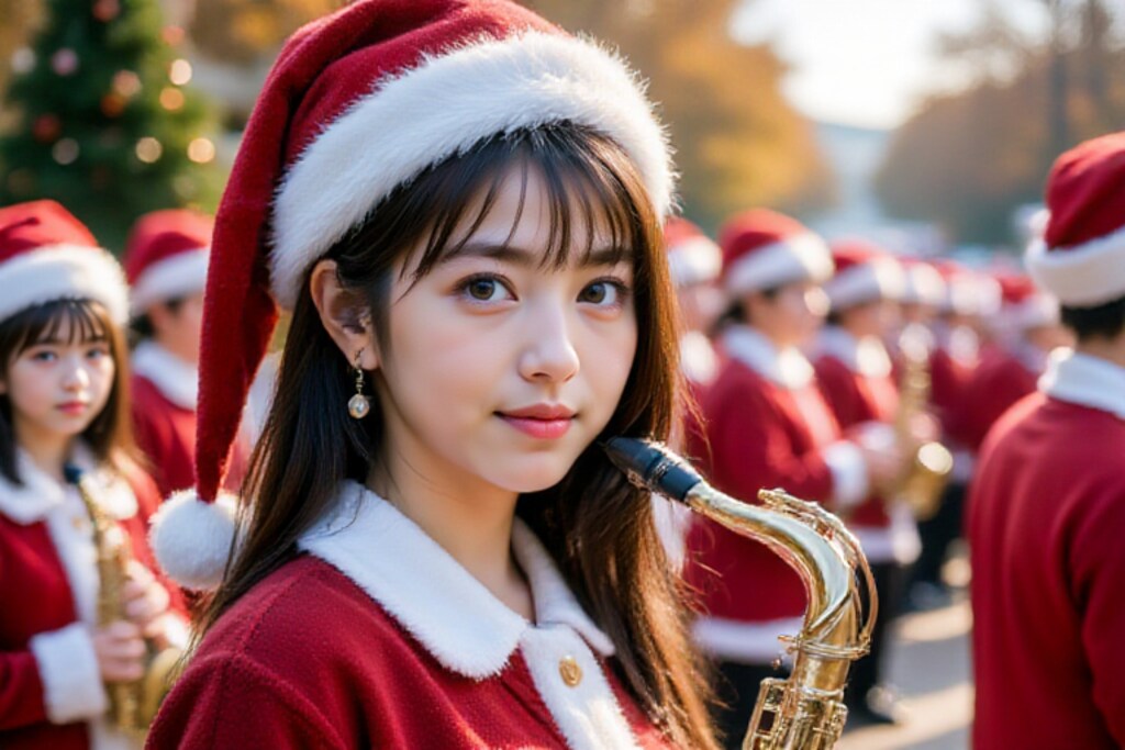 サンタが沢山街にやって来る～女子高マーチング部パレード