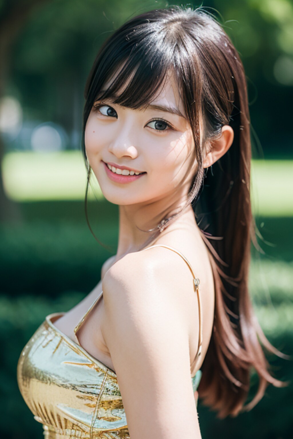 ゴールドの衣装で屋外撮影