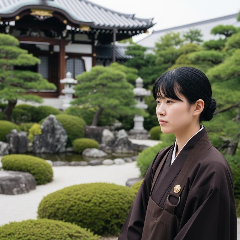 尼僧　お庭を歩む