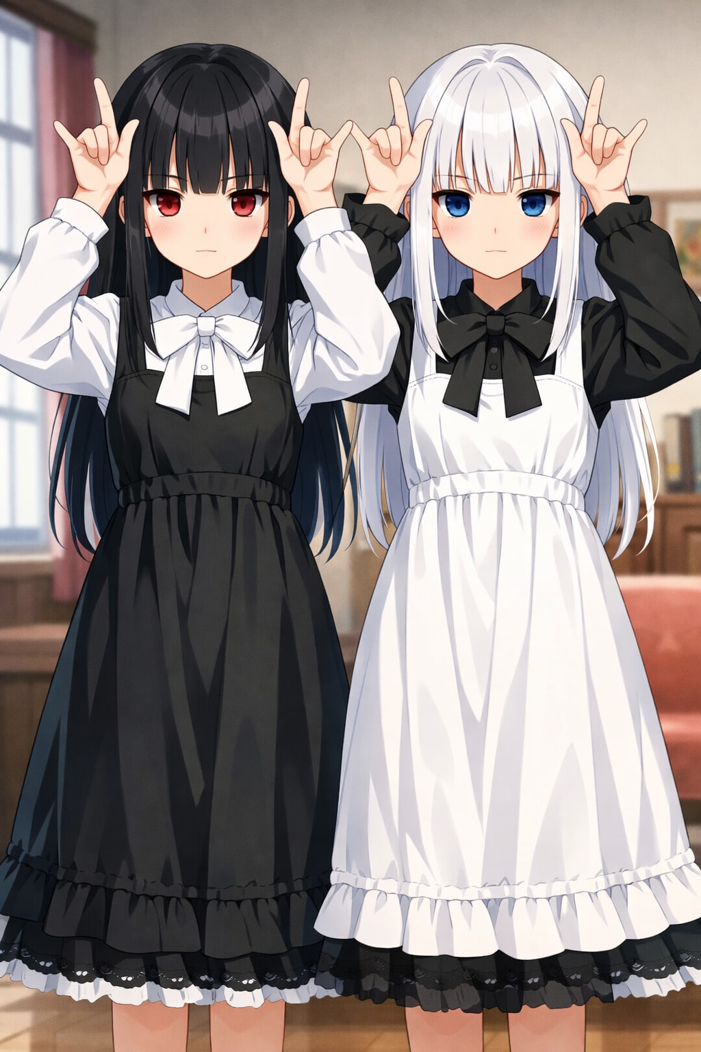 角のポーズをしている無表情双子ちゃん