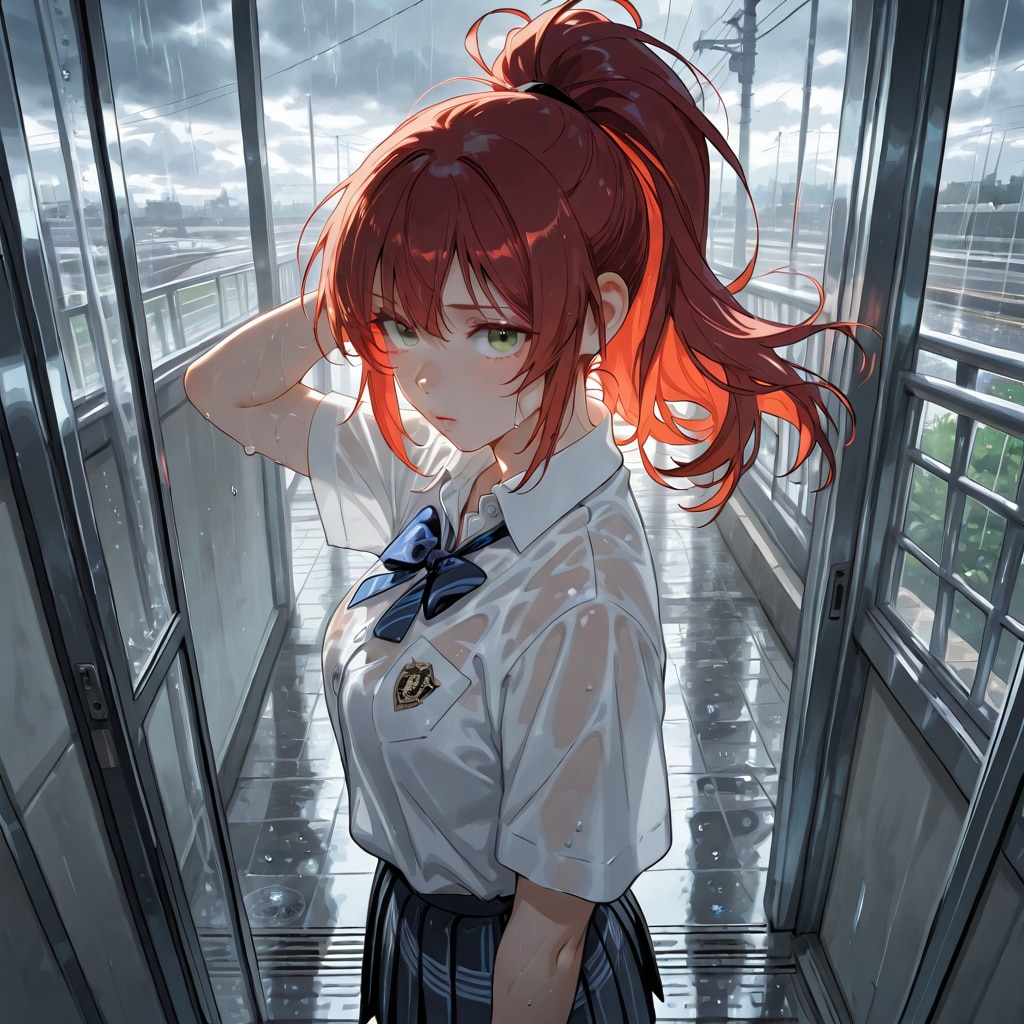 土砂降りに逢う制服女子