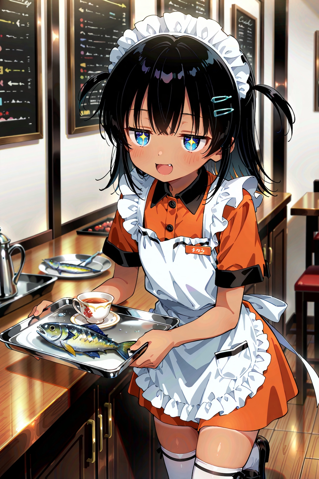 魚レストランでバイト中のこなつちゃん（天職？）