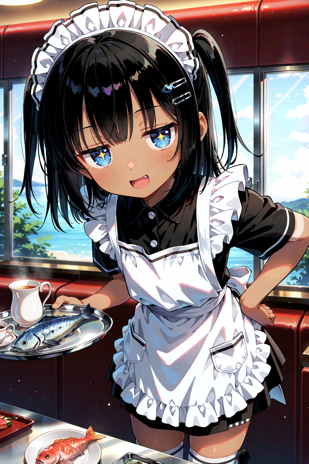 魚レストランでバイト中のこなつちゃん（天職？）