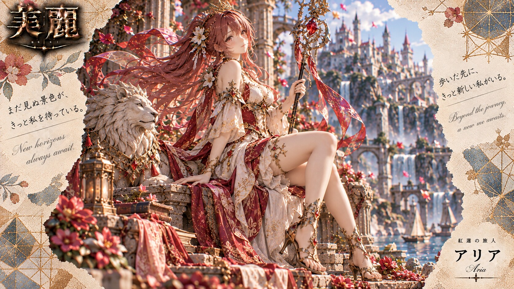 A crimson traveler, resting beside her guardian lion, with a golden city waiting ahead.  New horizon | の人気AIイラスト・グラビア