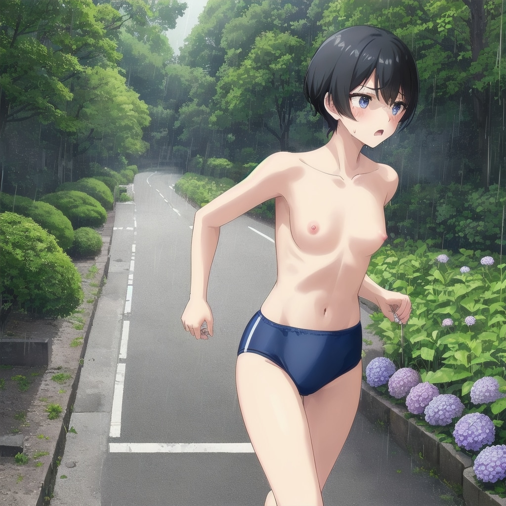 梅雨の紫陽が咲く中を走る上半身裸・ブルマの少女たち