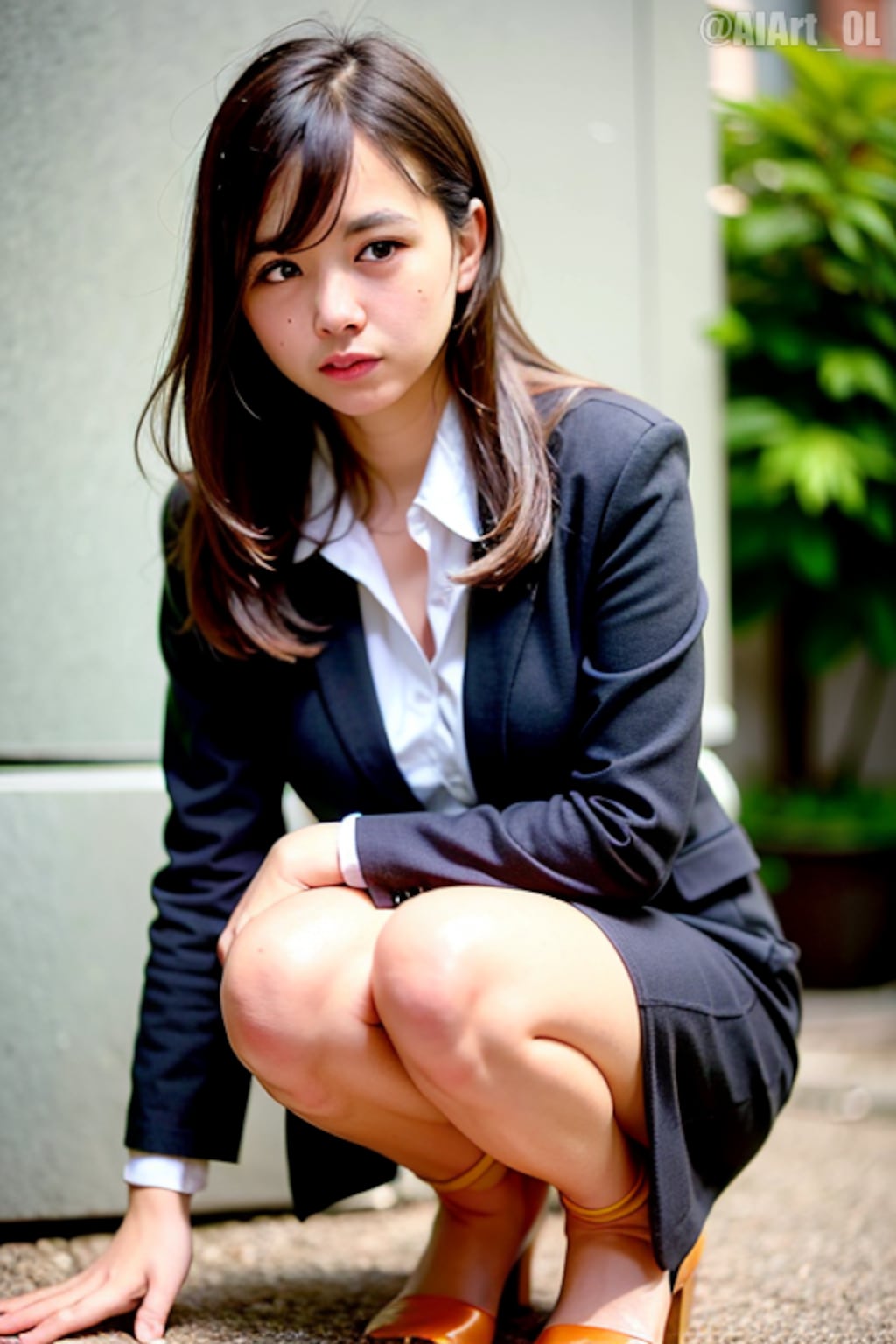 街中でしゃがむOLさん