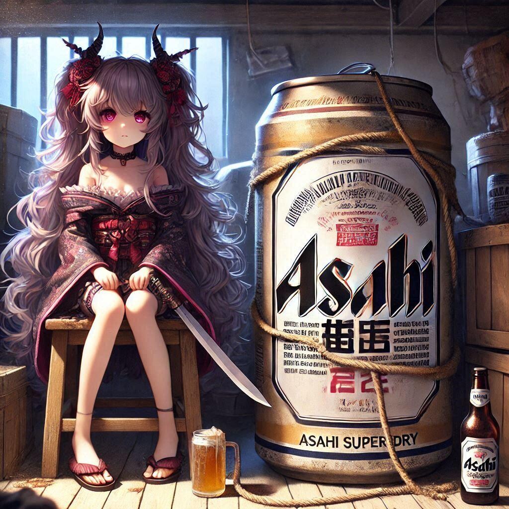 ビール缶を拷問する小さな魔族の女の子