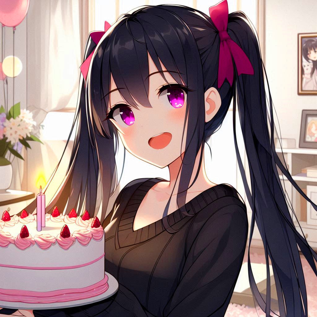 ゆるかわな！誕生日を祝う、黒髪ツインテール少女♥(4枚) | の人気AIイラスト・グラビア