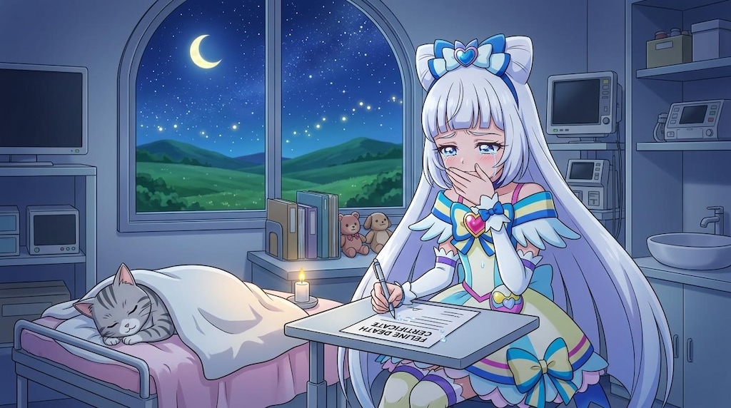 キュアニャミー、猫の死亡診断書を書きながら、感謝して号泣する