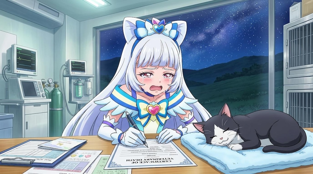 キュアニャミー、猫の死亡診断書を書きながら、感謝して号泣する