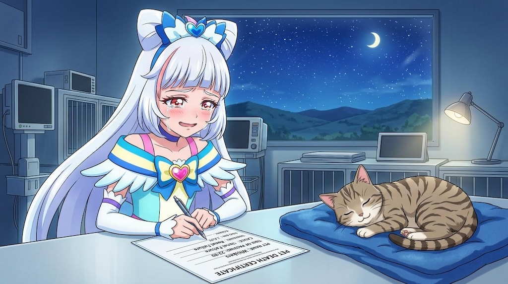 キュアニャミー、猫の死亡診断書を書きながら、感謝して号泣する