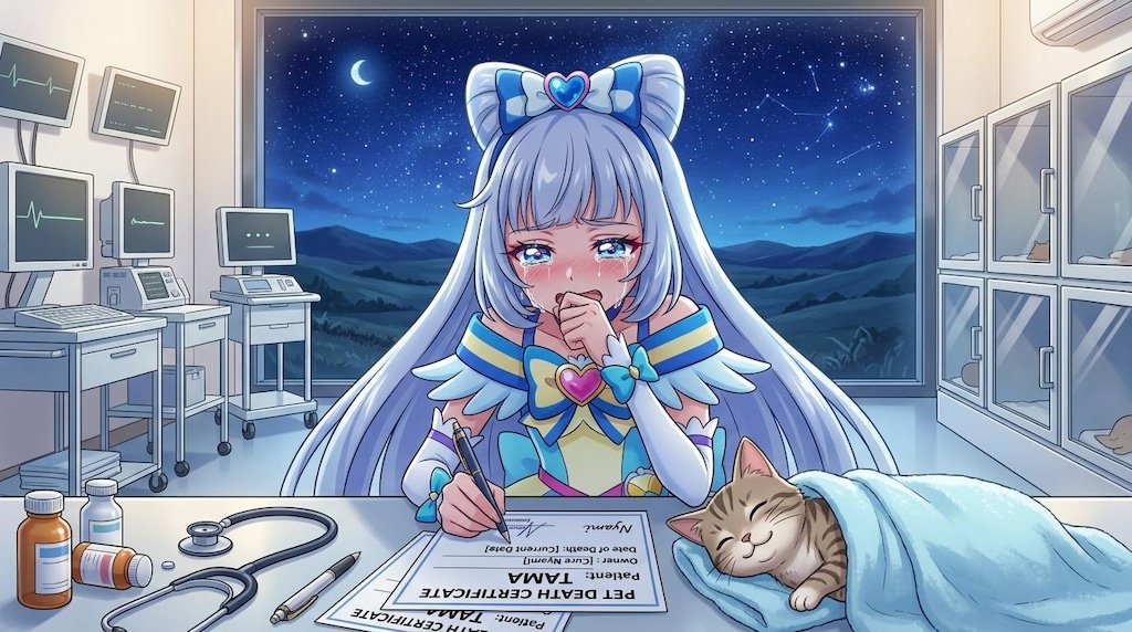 キュアニャミー、猫の死亡診断書を書きながら、感謝して号泣する