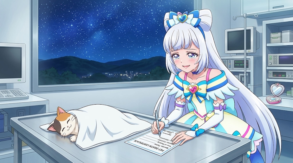 キュアニャミー、猫の死亡診断書を書きながら、感謝して号泣する
