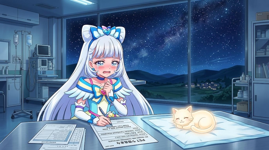 キュアニャミー、猫の死亡診断書を書きながら、感謝して号泣する