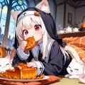 教会内のこたつで萌え袖のネコミミシスターがパンプキンパイを食べるだけの画像 2枚目