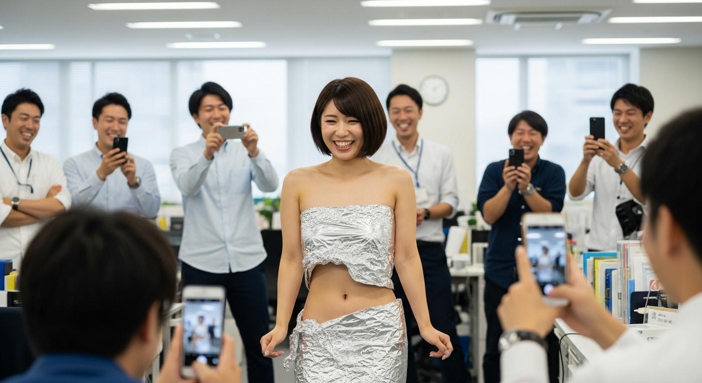 社内でアルミホイルだけを身にまとっている女性