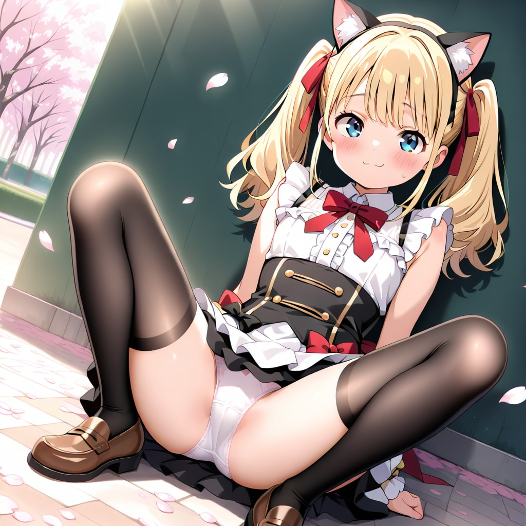 猫耳メイド金髪ツインテJK莉奈の桜の下で黒ニーハイ脚広げ♡ かわいいでしょ？🌸🐱