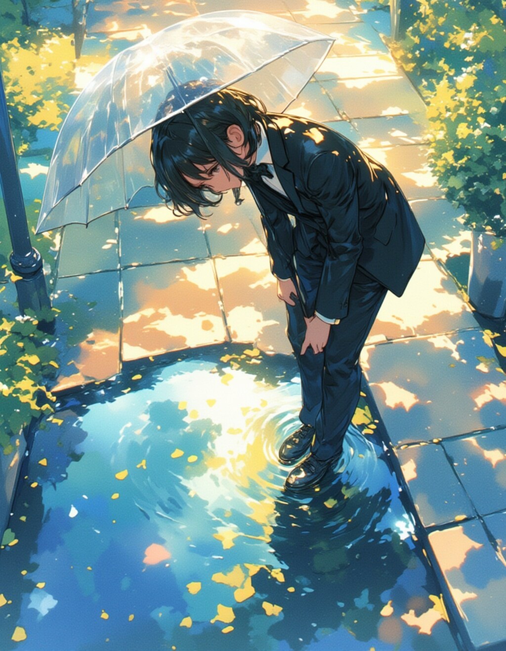 春雨の中、水たまりに映るタキシードの少女