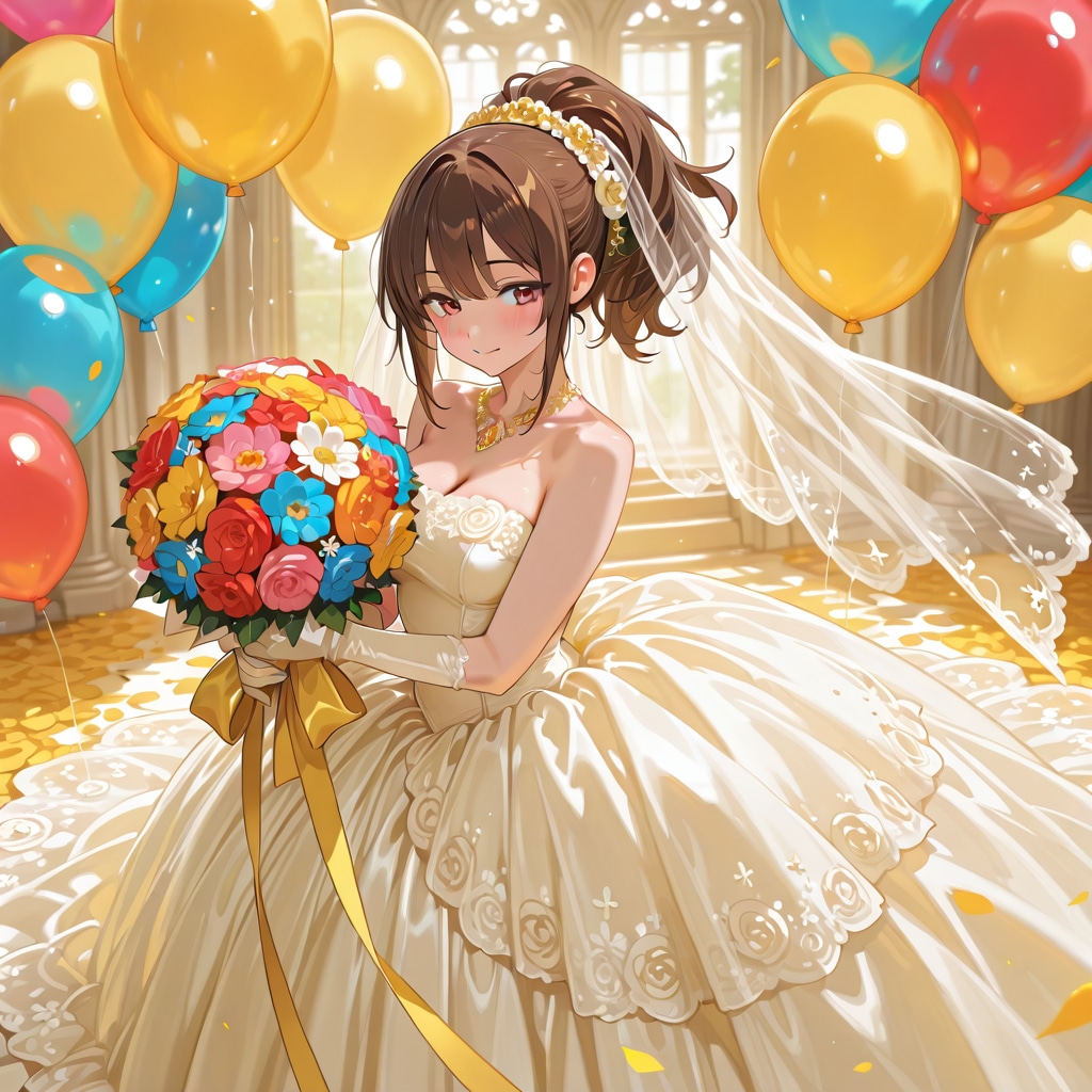 色とりどりの風船を持つブラウンポニーテールの黄色いウェディングドレス着た美女 | の人気AIイラスト・グラビア