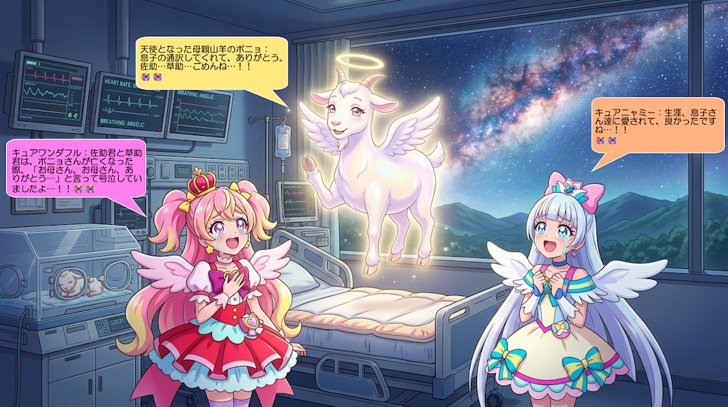 二人のプリキュア、天使の母親山羊に挨拶をする