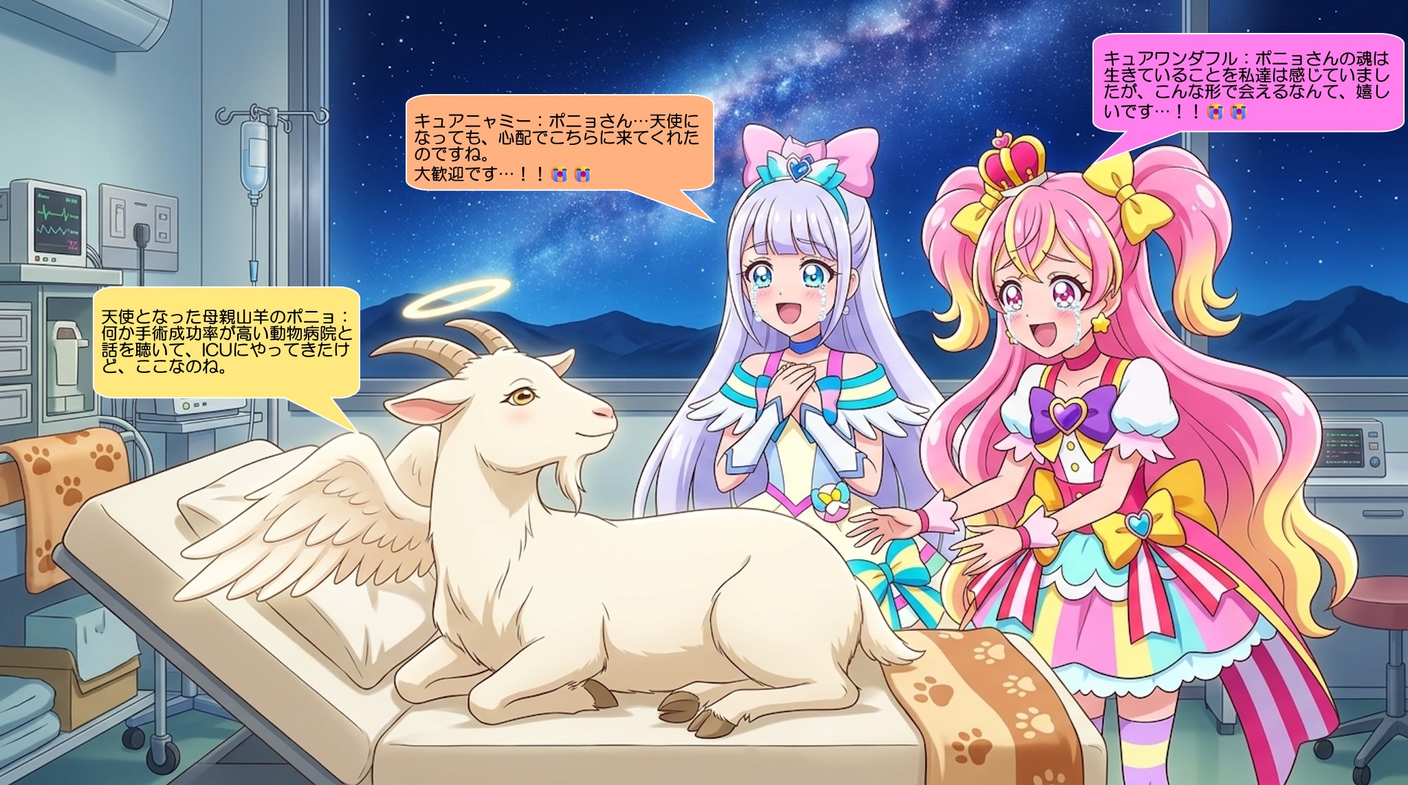 二人のプリキュア、天使の母親山羊に挨拶をする