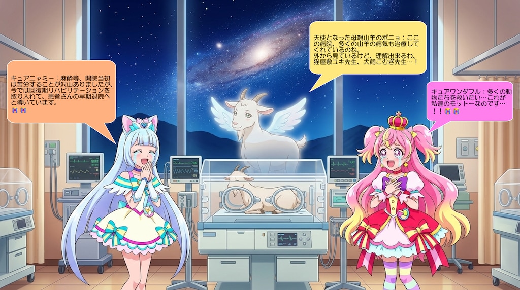 二人のプリキュア、天使の母親山羊に挨拶をする