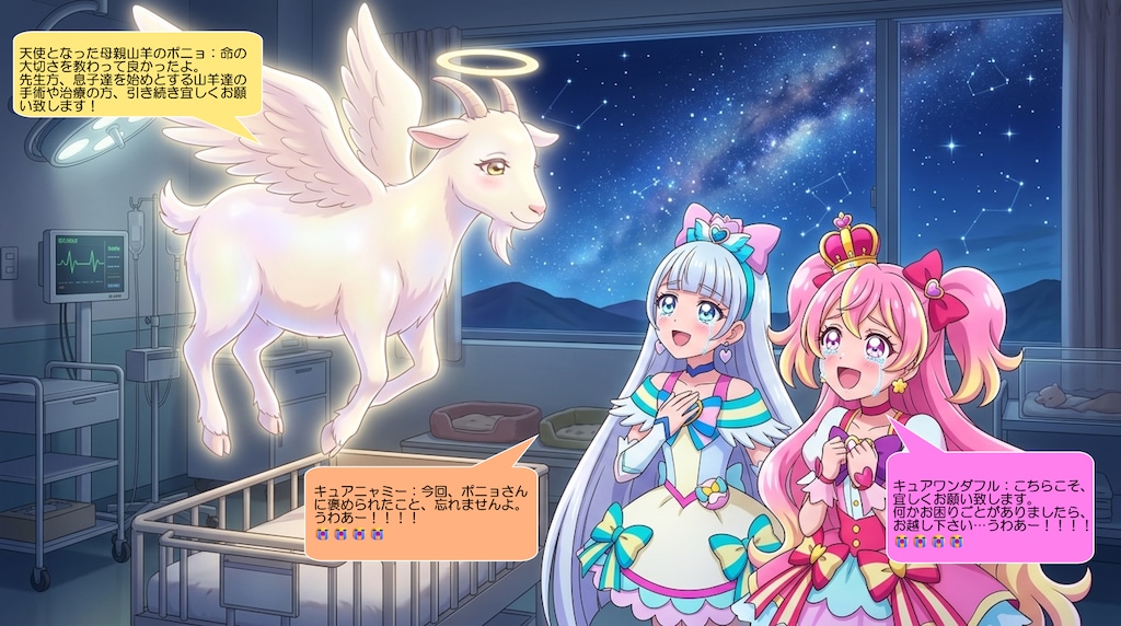 二人のプリキュア、天使の母親山羊に挨拶をする