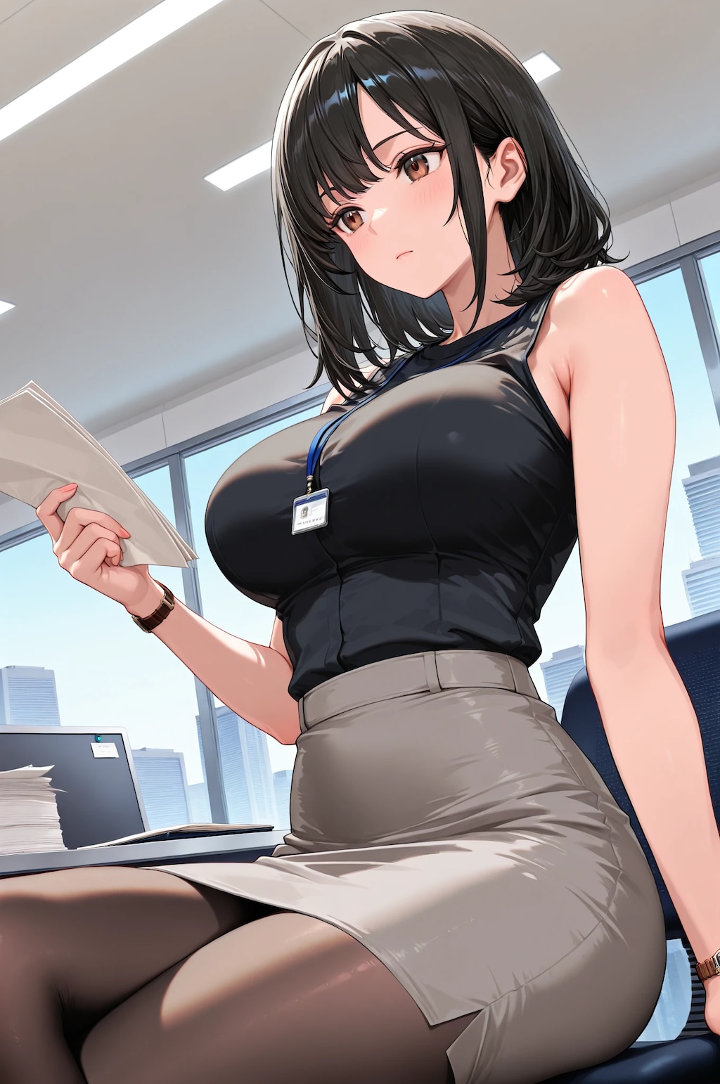 ノースリーブシャツの黒髪OL