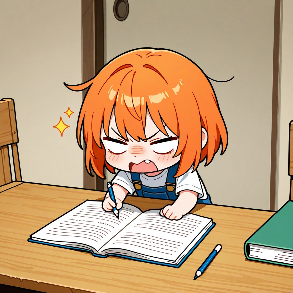 夏休みの宿題に追われる白目ちゃん