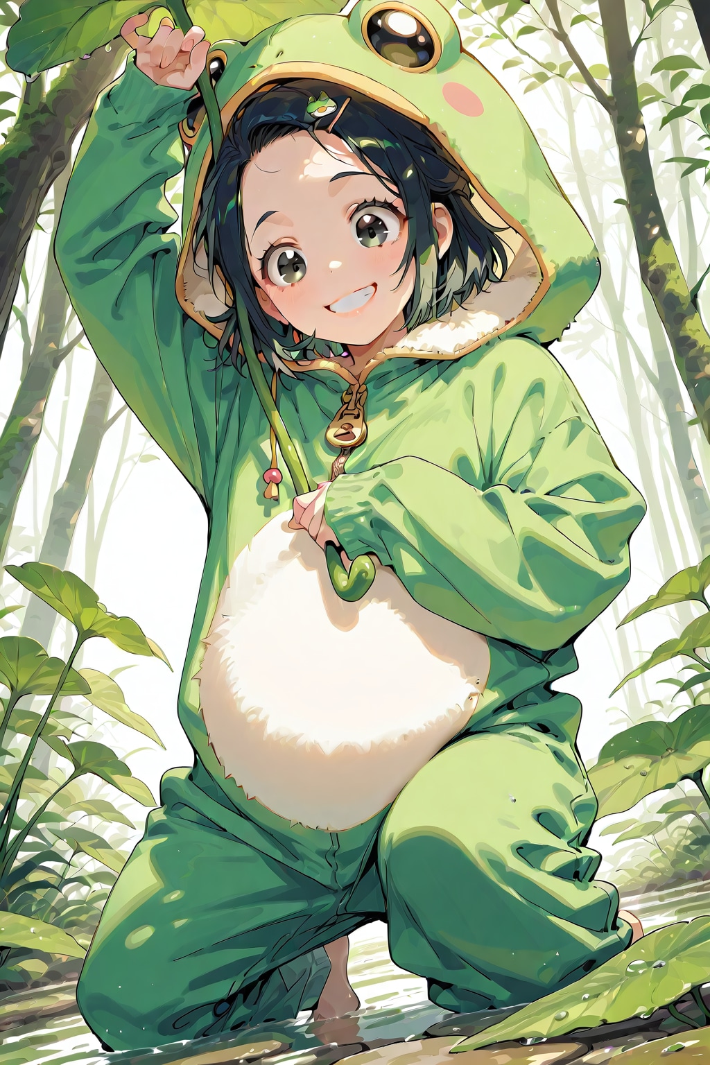 蛙の着ぐるみと葉っぱの傘