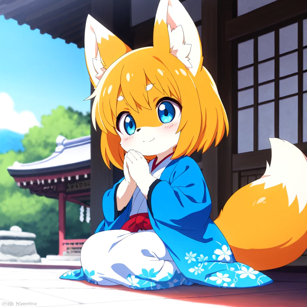 御神体様に祈りを捧げるきつねちゃん