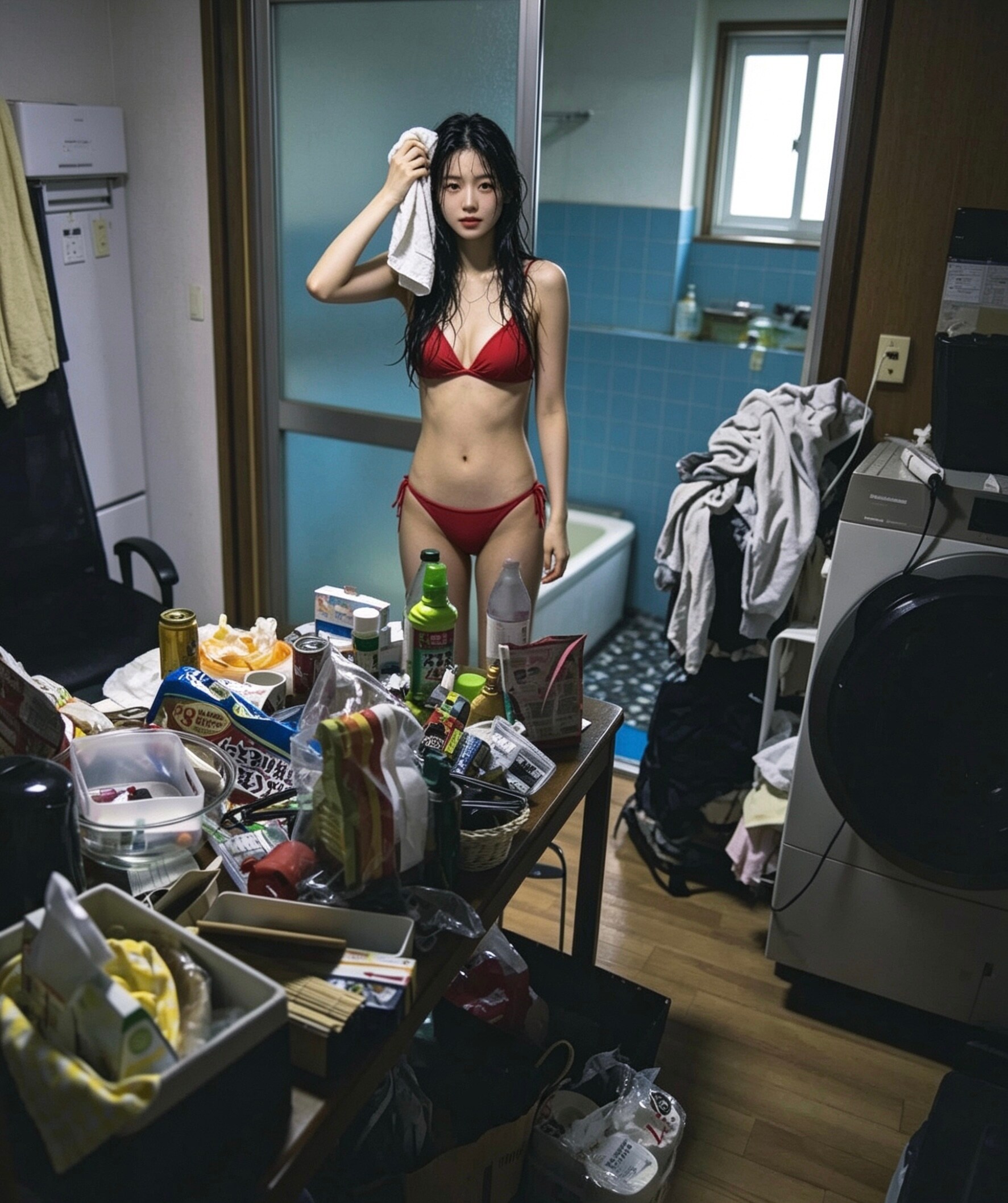 汚部屋に住んでるお風呂上がりビキニお姉さん