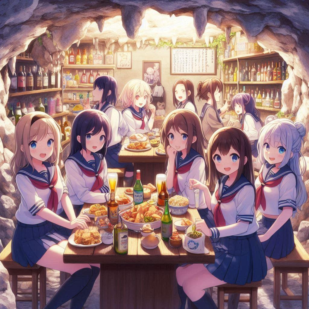 洞窟で栽培バル生活をする女子高生たち | の人気AIイラスト・グラビア