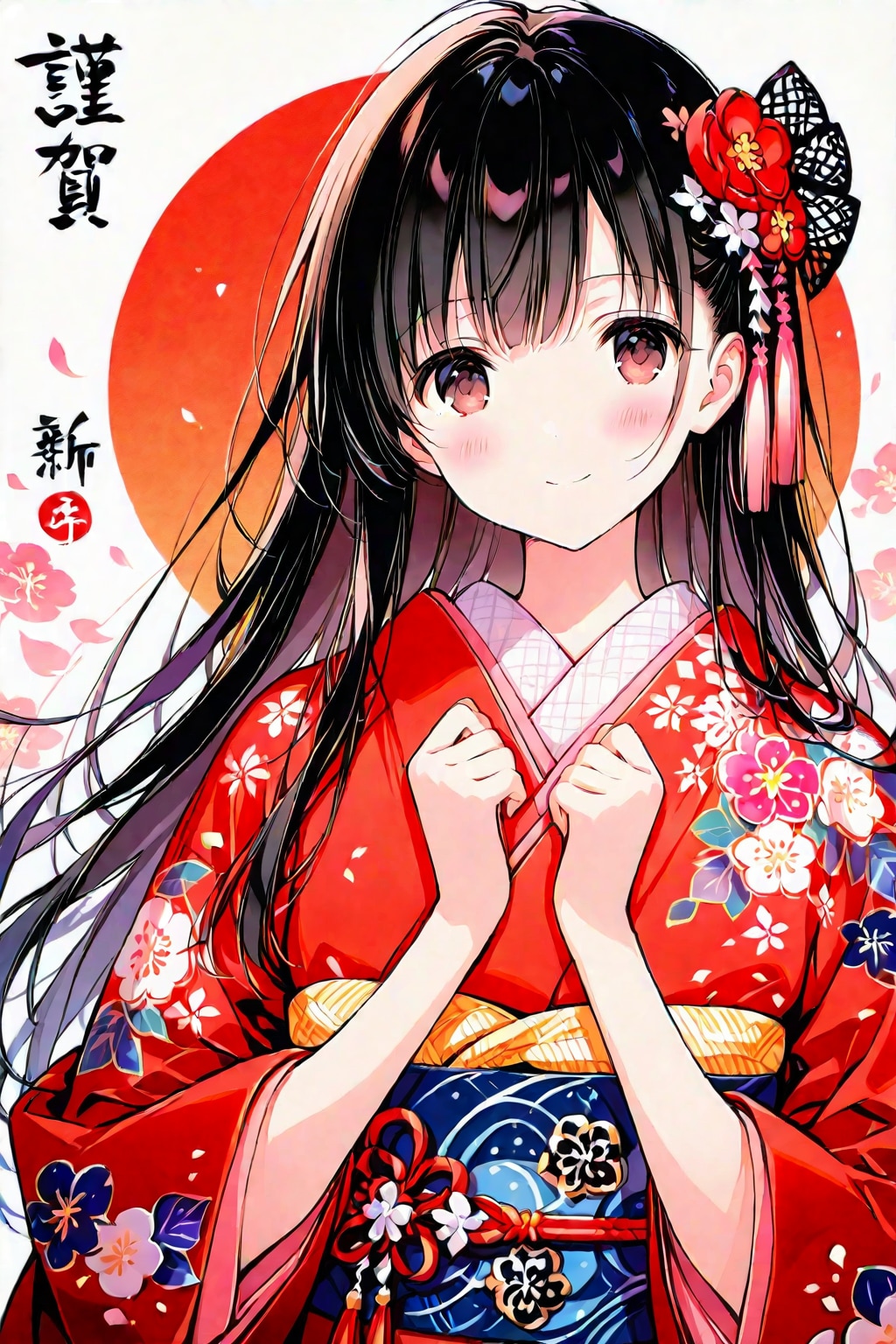 朱色の着物の美少女　正月風 | の人気AIイラスト・グラビア