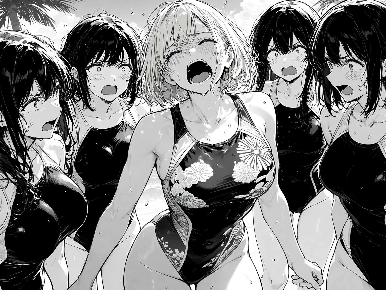 （漫画の見開きキメゴマ風）クラスメイトに女戦闘員が混じっていて驚くモブっ娘達！・・クラスに一人、モブっ娘ぽくない？女の子が居たが正体はハイレグ女戦闘員だった！？