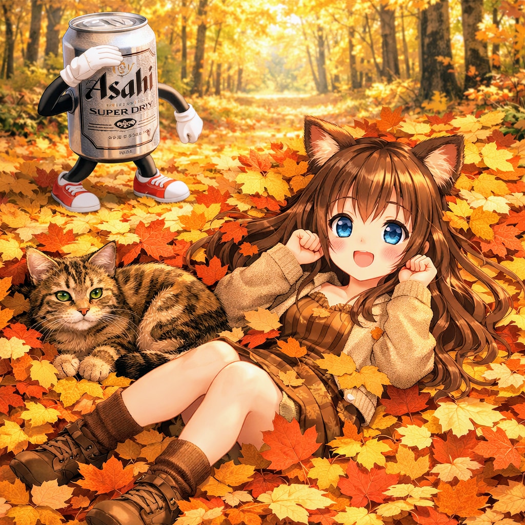 紅葉の中で猫とかくれんぼな小さな女の子