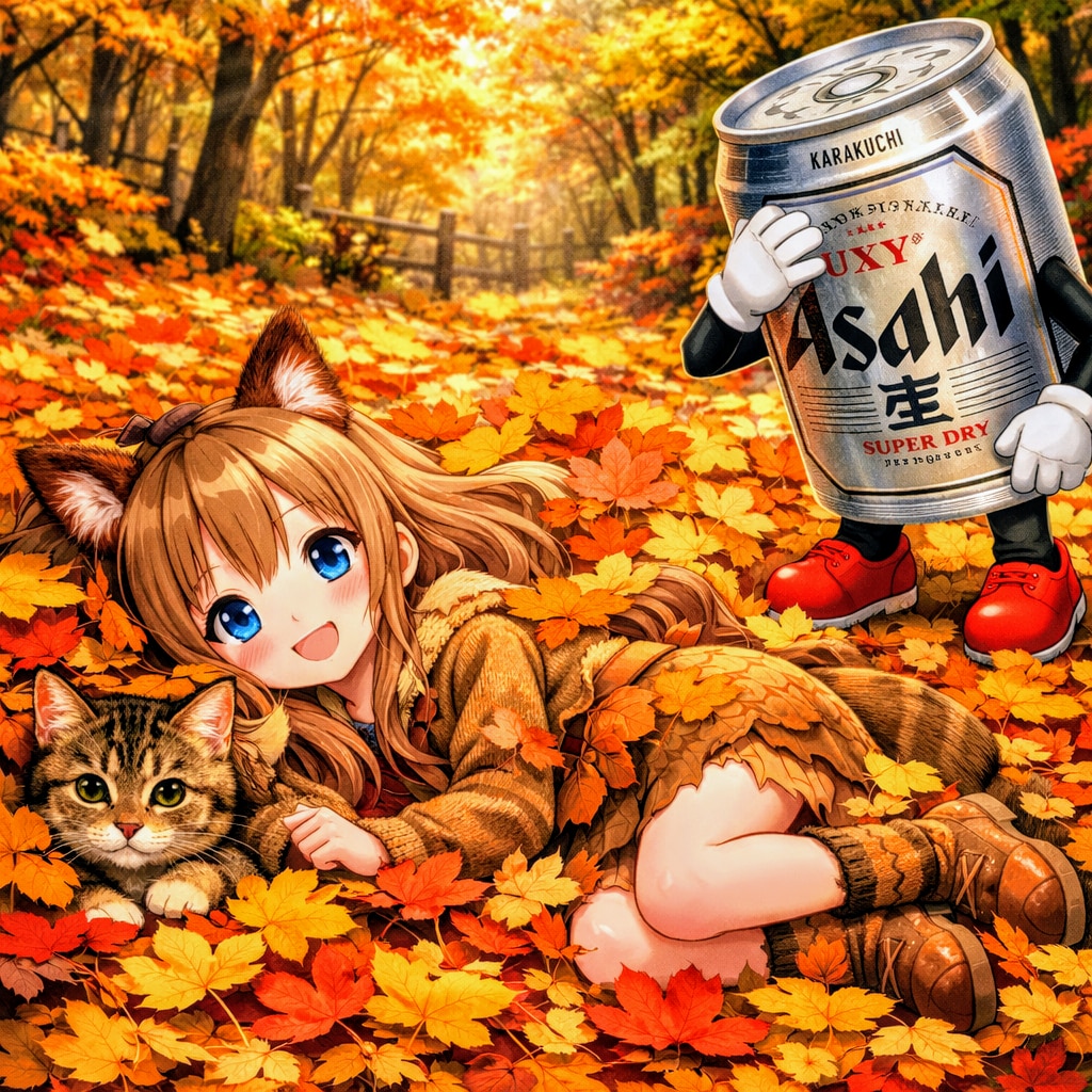 紅葉の中で猫とかくれんぼな小さな女の子