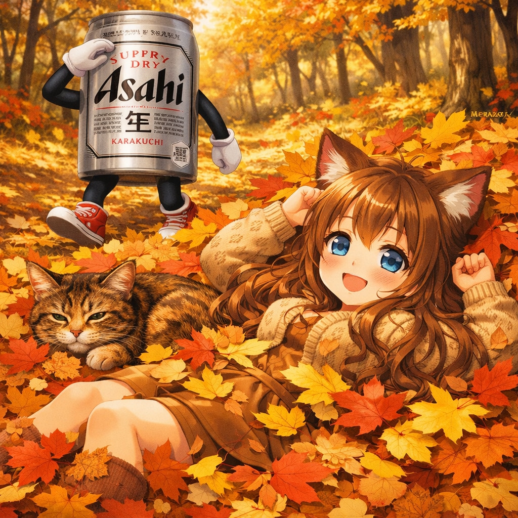 紅葉の中で猫とかくれんぼな小さな女の子