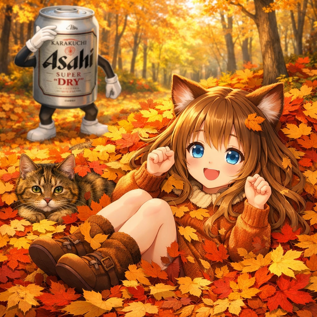 紅葉の中で猫とかくれんぼな小さな女の子