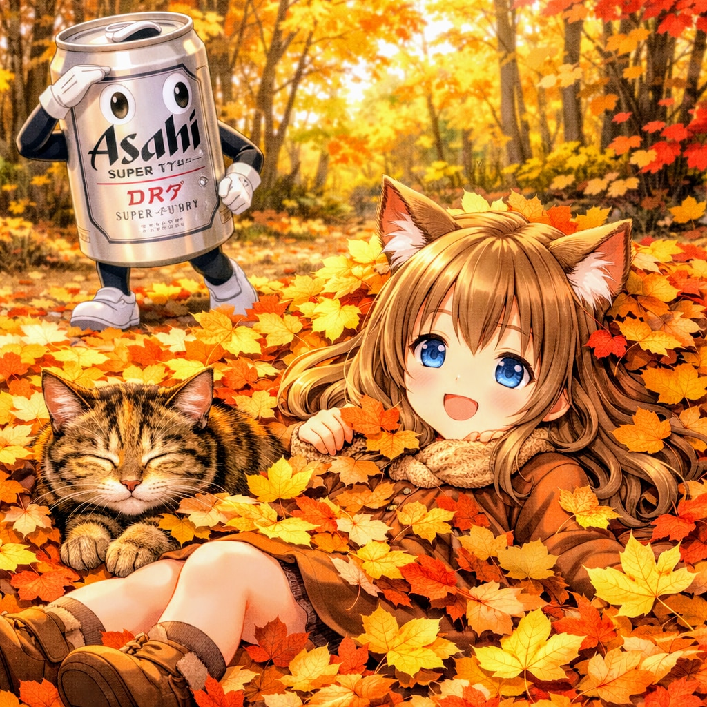 紅葉の中で猫とかくれんぼな小さな女の子